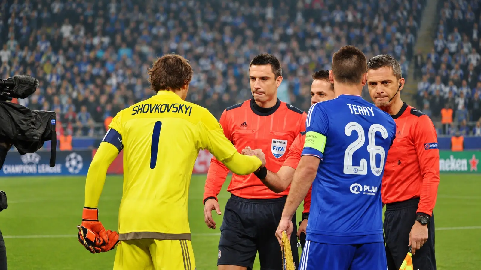 Chelsea captain John Terry with Oleksandr Shovkovskyi and match officials before kickoff
