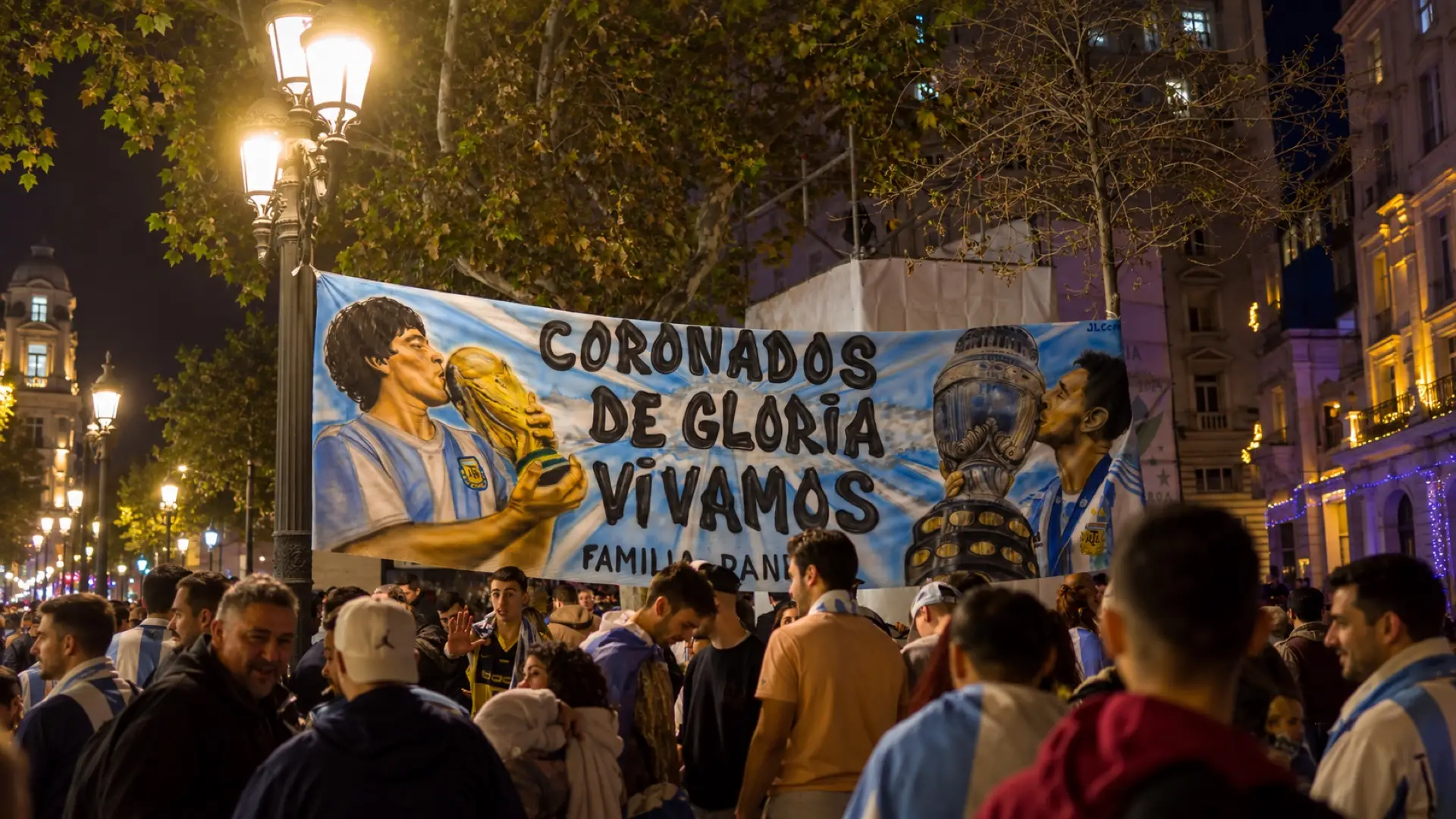 Argentina supporters beneath a banner depicting Diego Maradona and Lionel Messi kissing their international trophies.