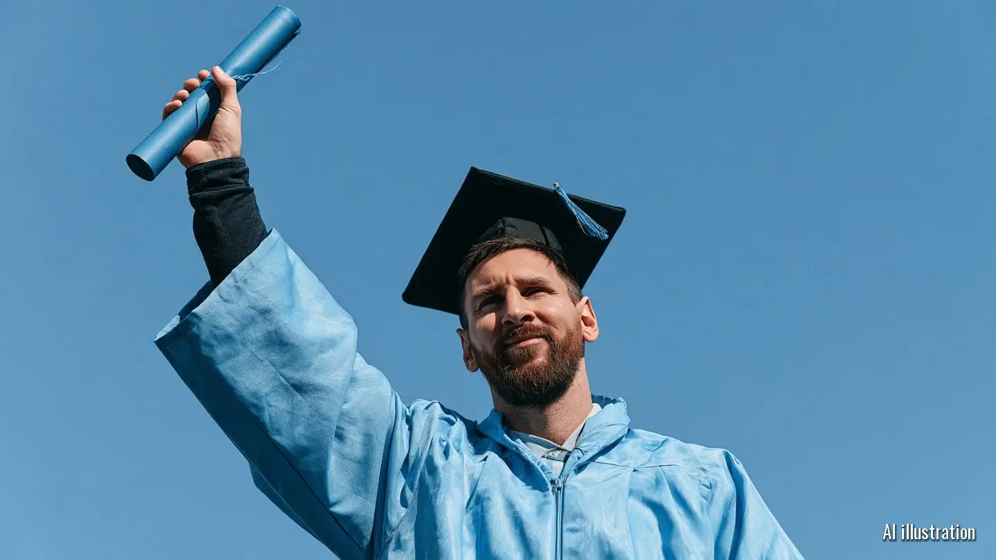 AI illustration of Lionel Messi in a sky-blue graduation gown and mortarboard, raising a rolled diploma.