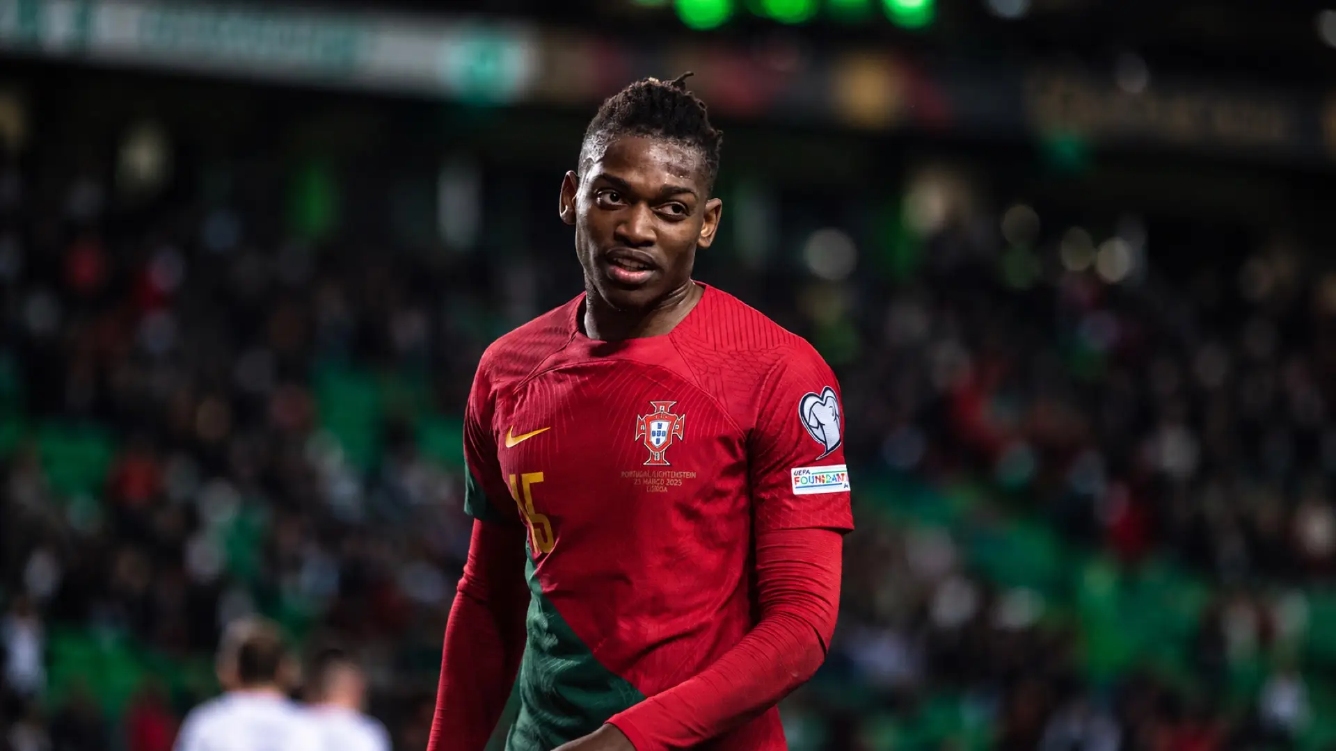 Rafael Leão wearing Portugal’s red national-team shirt during the match against Liechtenstein in Lisbon in March 2023