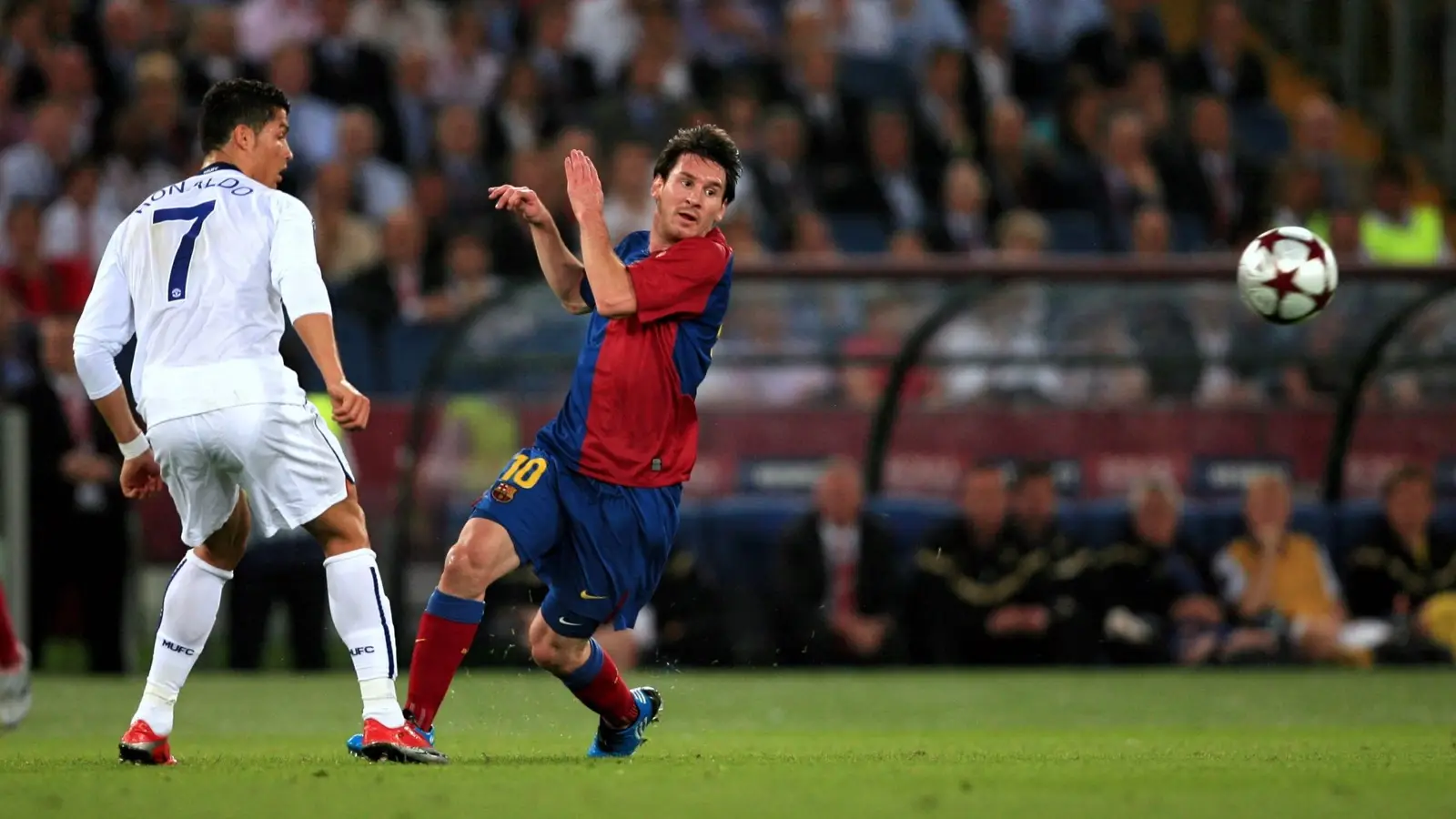 Cristiano Ronaldo and Lionel Messi during the 2009 Champions League final between Manchester United and Barcelona.