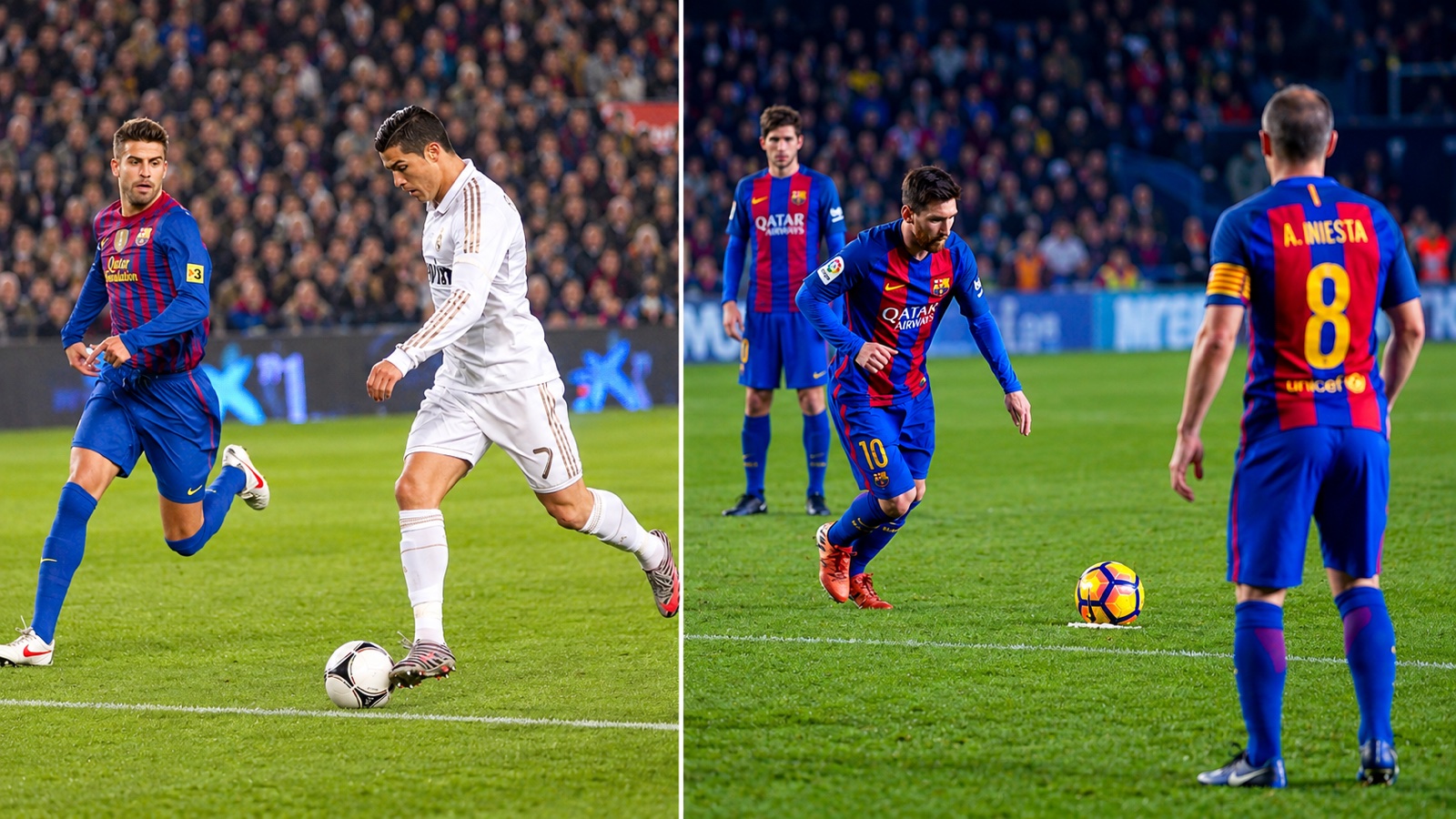 Two-photo composite of Cristiano Ronaldo playing for Real Madrid and Lionel Messi preparing a Barcelona free kick with Andrés Iniesta in the foreground.