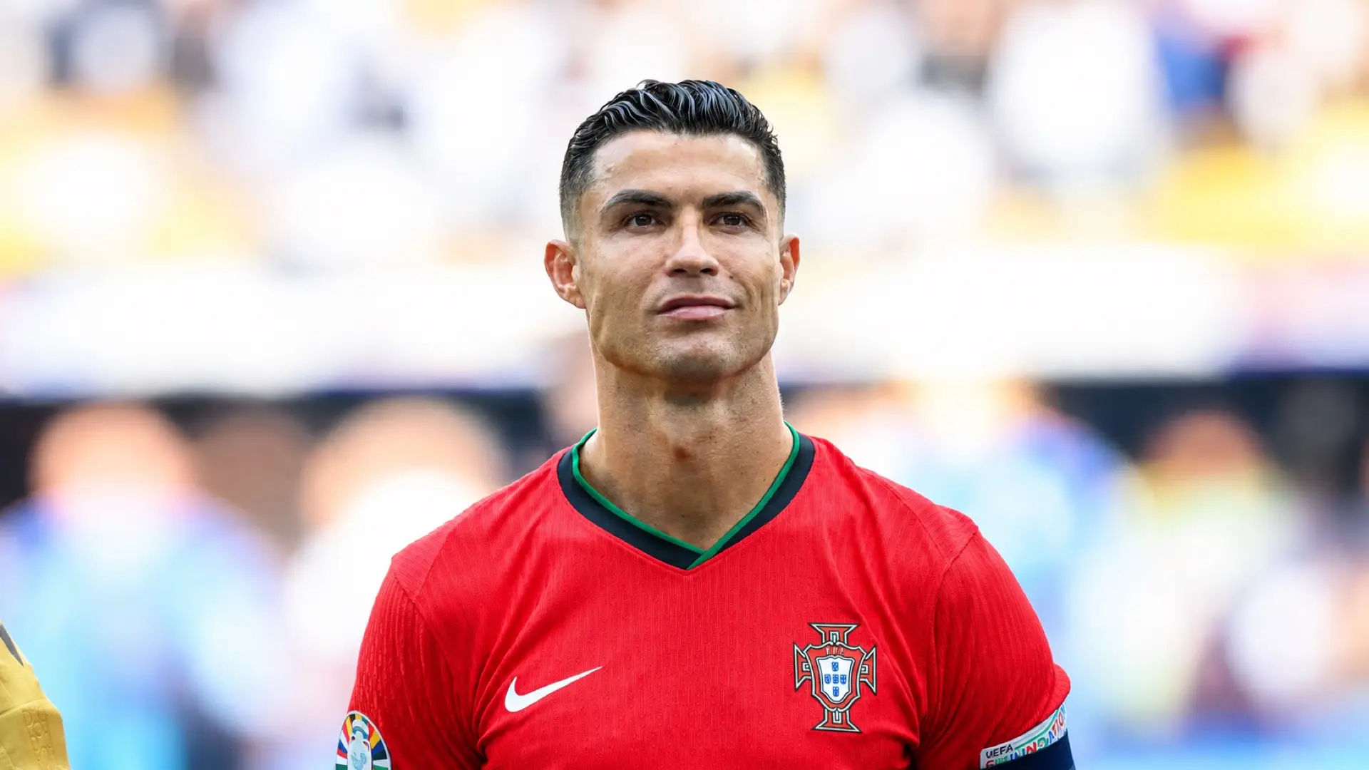 Cristiano Ronaldo wearing Portugal’s red national-team jersey and captain’s armband.