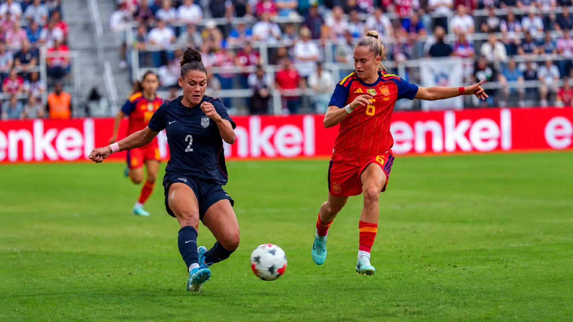 Trinity Rodman plays the ball for the USWNT against Spain at Audi Field.