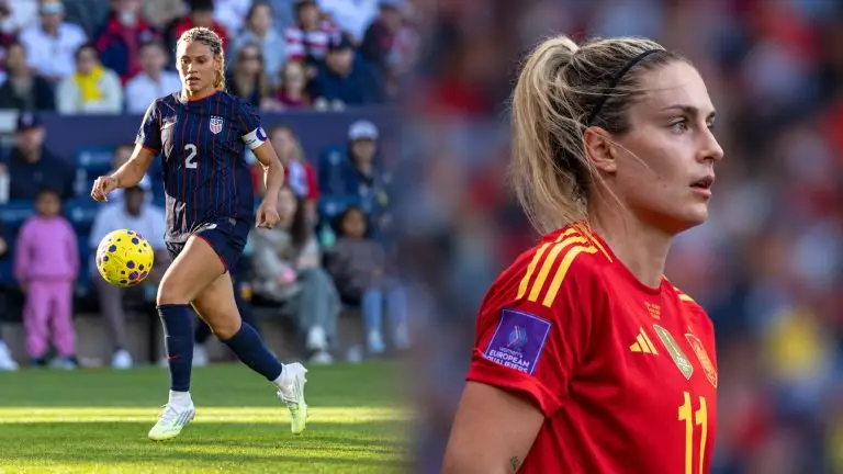 Editorial composite of a USWNT player controlling a yellow ball and a Spain player in red.